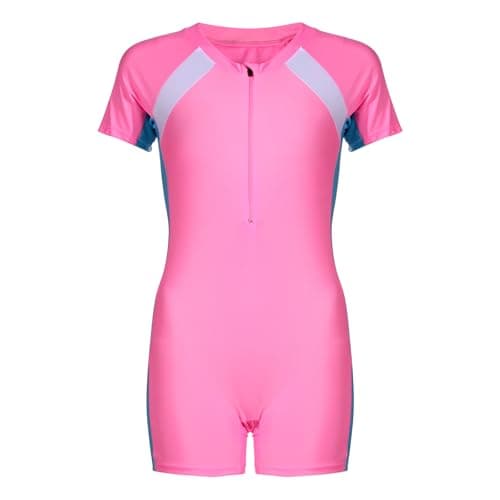 Image of Lancry Swimming Costume for Boys Girls, One-Piece Kids Swimsuit, Short Sleeve Swimming Costume 6-14 Swimsuit Girls (UK, Age, 8 Years, 10 Years, Regular, Pink)