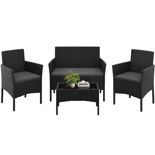 Image of Yaheetech 4-Piece Rattan Patio Furniture Set, Outdoor 4 Seater Patio Conversation Sets with Glass Top Coffee Table, Weather Resistant Garden Conversation Set for Patio, Backyard, Deck, Black/Gray