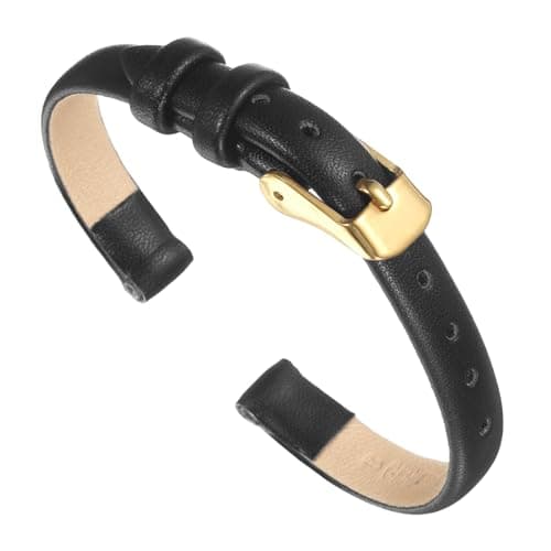 Image of sourcing map Black Genuine Leather Band 8mm Width, Flat Thin Elegant Leather Watch Strap Gold Tone Buckle for Men and Women