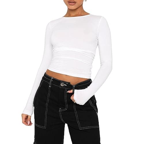 Image of Women's Casual Crop Tops Slim Fit Top Crew Neck Long Sleeve Tight T-Shirt Basic Blouse Tee Tops(White-8,S)