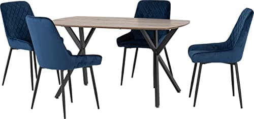 Image of Seconique Athens Dining Table Set with 4 Avery Dining Chairs in Medium Oak Effect/Sapphire Blue Velvet