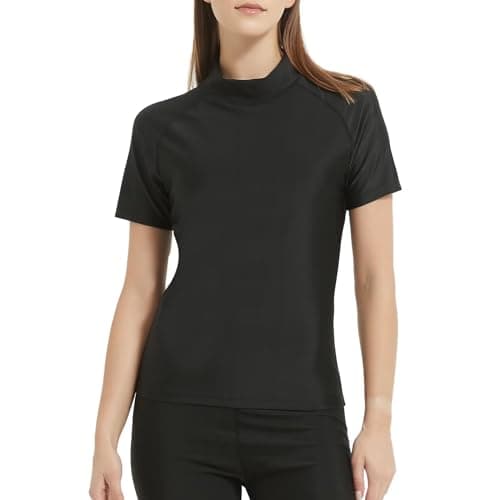 Image of TERODACO Rash Vest Women Short Sleeve Sweat Wicking Swimming Tops for Women UV50+ Seamless Ladies Rash Guard Swimwear for Wetsuit Surfing Swimsuit,Stretchy Soft 112 Black M