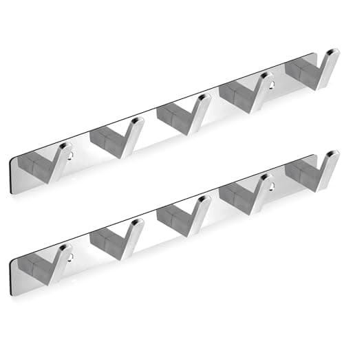 Image of Maxzwell Wall Mount Coat Rack with 5 Chrome Hooks – Heavy-Duty Stainless Steel Hook Rail for Kitchen, Bathroom, Bedroom – Organizer & Towel Hanger (Pack of 2)