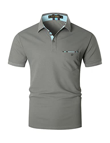 Image of LIUPMWE Men's Short Sleeve Polo Shirt Casual Golf Tennis Shirts with Plaid Collar,Grey,L