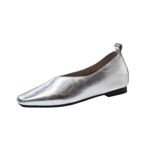 Image of Soft Leather Loafers for Women - Pointed Flat Shoes for Women Lightweight Ballet Flats Loafers and Moccasins Silver
