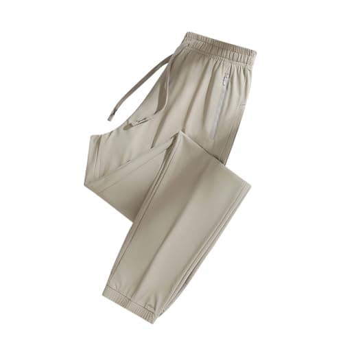 Image of Summer Cool Stretch Trousers, Women's Thin Stretchy Jogging Bottoms, Sports Trousers with Zip Pockets, Lightweight Casual Trousers (Tapered Leg/Straight Leg), Khaki - Tapered Leg, S