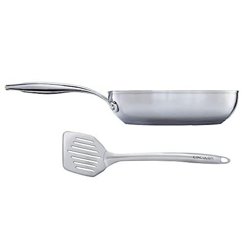 Image of Circulon SteelShield Stainless Steel Frying Pan 24cm with Slotted Turner - Induction Frying Pan with Hybrid Non Stick, Metal Utensil Safe, Oven & Dishwasher Safe Cookware