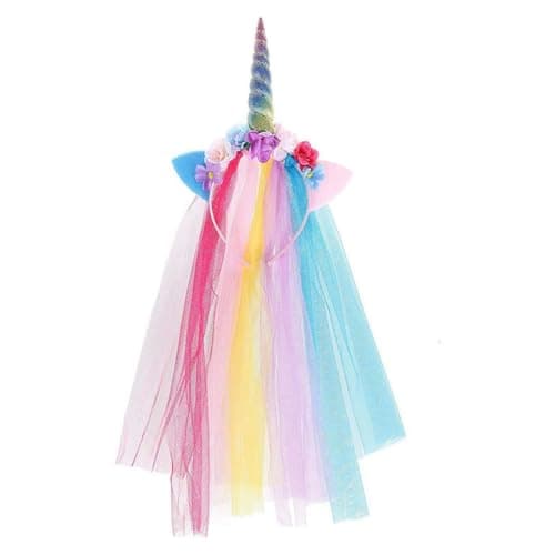 Image of FASHION YO Unicorn Horn Floral Headband with Rainbow veil Ears Pony Head Bands Tiara for Girls Kids Headbands Party Birthday Cosplay Fancy costume (Rainbow Unicorn)