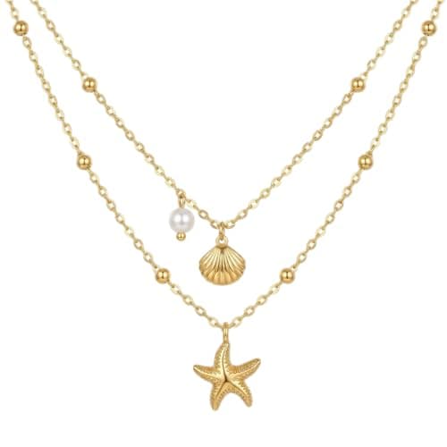 Image of Exquisite Shell Necklace Jewellery for Women, Bohemian Layered Starfish Chain Beach Holiday Long – Seashell Ocean Theme Pendants, Delicately Crafted Jewellery Gifts (Starfish Shell Pearl Necklace)