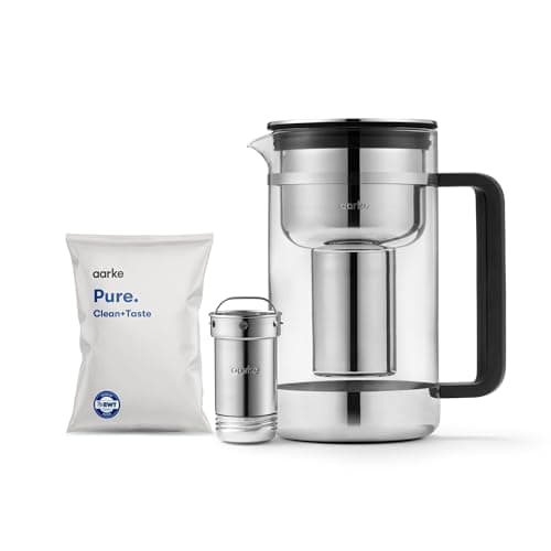 Image of Aarke Purifier Large, Water Filter Jug in Glass and Stainless Steel, 1.7L / 7 Cups, Includes Aarke Pure Filter Refill Bag