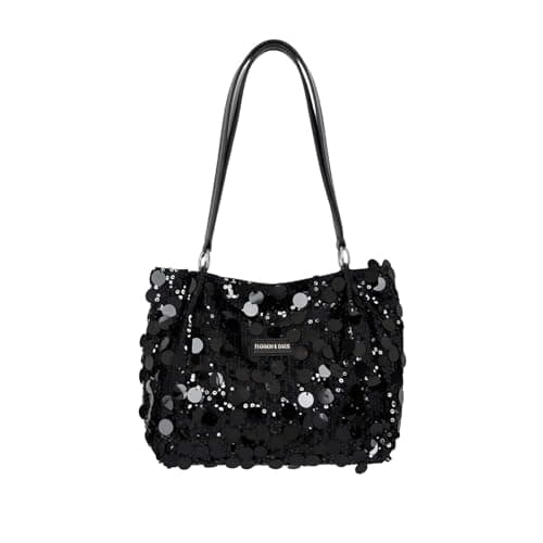 Image of Women Sequin Bucket Bag Large Capacity Shoulder Tote Handbag Ladies Silver Black Shiny Party Evening Commuter Casual Carry All Purpose Storage Accessory