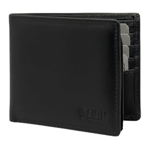 Image of Firu-Handmade Buffalo Leather Slim Bifold Wallet for Men with RFID Blocking-Slim with 8 Card Slots-Extra Capacity with 2 ID Windows-Vintage Design (Buffalo Black)