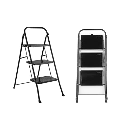 Image of Kleeneze KL068514BLKFEU7 3 Step Ladder – Lightweight Folding Stepladder for DIY, Decorating, Anti-Slip Outdoor & Indoor Steps, Heavy Duty Steel Frame, Easy Reach 105cm, Compact Foldable Storage, Black
