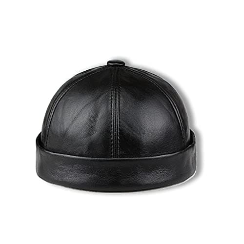 Image of Men Genuine Leather Skullcap, Sailor Cap Hat Beanie Rolled Cuff Retro Brimless Genuine Leather Beanie Hat (Black,L)