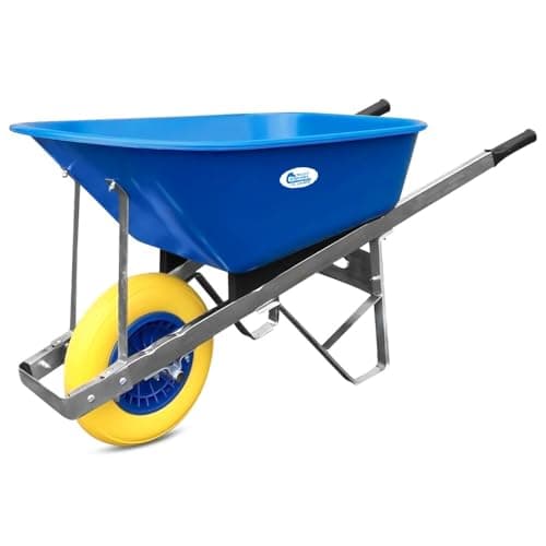 Image of Equimed Garden Wheelbarrow - Trolley with 120L Plastic Bucket, Puncture-Proof PU Wheel, Galvanised Frame (Blue/Yellow)
