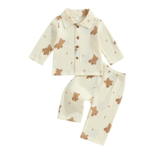 Image of Vioyavo Kid Boys Girls Casual Clothes Set 2Pcs Pajama Set Cute Bear Print Long Sleeve Lapel Button Top Elastic Waist Pants Cotton Outfit (Khaki, 12-18 Months)