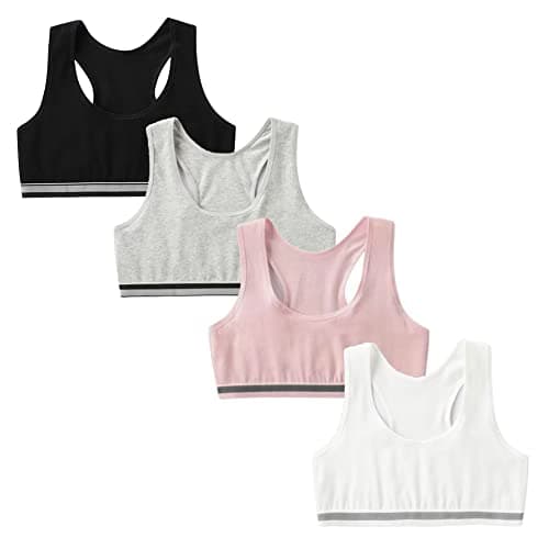 Image of FedMois Girls Sports Bra Unpadded Crop Top Cotton Pack of 4, Grey, Black, White and Pink, 10-12 Years