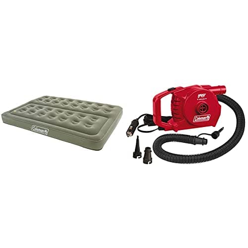 Image of Coleman Comfort Double Flocked Surface Inflatable Camp Air Bed - Green, 188 x 137 x 22 cm and 12 Volt Quick Pump - Red, 20.5 x 0 x 12.5 cm