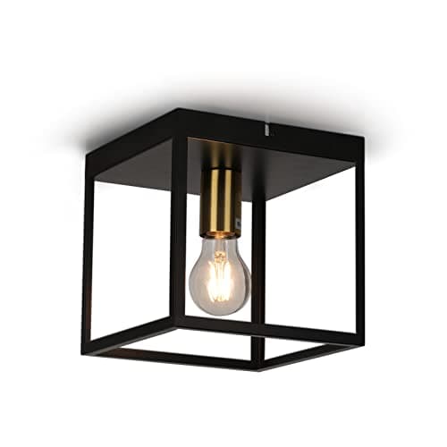 Image of FORCOSO LED Industrial Ceiling Light, E27 Square Metal Vintage Ceiling Lamp with Cage for Bedroom Living Room Kitchen Hallway Staircase max. 60 W Black/Gold - Bulb Not Included