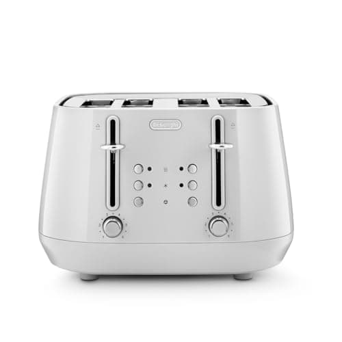 Image of De'Longhi Eclettica BPA Free Metal Toaster CTY4003.W, 4 Slot Toaster with Reheat and Defrost Functions, Control Panels, Progressive Browning Levels, Pull Crumbs Trays, Stainless Steel, 1800W, White