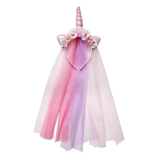 Image of FASHION YO Unicorn Horn Floral Headband with Rainbow veil Ears Pony Head Bands Tiara for Girls Kids Headbands Party Birthday Cosplay Fancy costume (Unicorn)