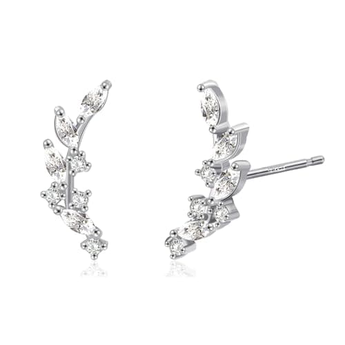 Image of Weviway Sterling Silver Leaf Climber Stud Earrings - Small with Cubic Zirconia, Hypoallergenic for Women | Ideal Gift