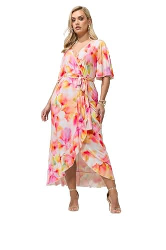 Image of Yours London Curve Abstract Ruffle Hem Wrap Dress - Women's - Plus Size Curve Yellow
