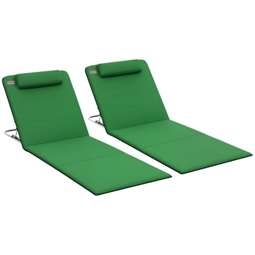 Image of Outsunny Set of 2 Foldable Garden Beach Chair Mat Lightweight Outdoor Sun Lounger Seats Adjustable Back Metal Frame PE Fabric Head Pillow w/Carry Bag, Green
