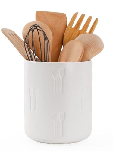 Image of Autumnlife Utensil Holder, 6.1” Ceramic Utensil Crock for Cutlery & Cooking Tools, Modern Farmhouse Utensil Pot Organiser with Relief Carving for Kitchen Countertop - White