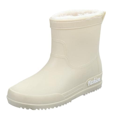 Image of Wellington Boots Women's Lined Rain Boots Half Height Rain Shoes Winter Ankle Rain Boots Garden Boots Waterproof Work Shoes Rubber Boots Outdoor Slip Boots Kitchen Shoes, White, 6 UK