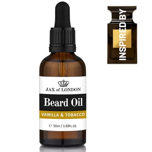 Image of Jax of London Vanilla Tobacco Beard Oil For Men 50ml, Luxury Hair Oil And Beard Care Serum, Warm Masculine Scented Grooming Oil, Ideal Gift For Bearded Men