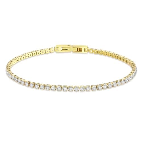 Image of KRKC White Gold Cubic Zirconia Tennis Bracelets for Women Men, Ladies Silver CZ Diamond Bracelets, 2 3 4mm, 6.5-7.5 Inch, Jewellery Gift for Mum Daughter Wife Girlfriend Birthday (2mm-14K Gold, 7.5in)