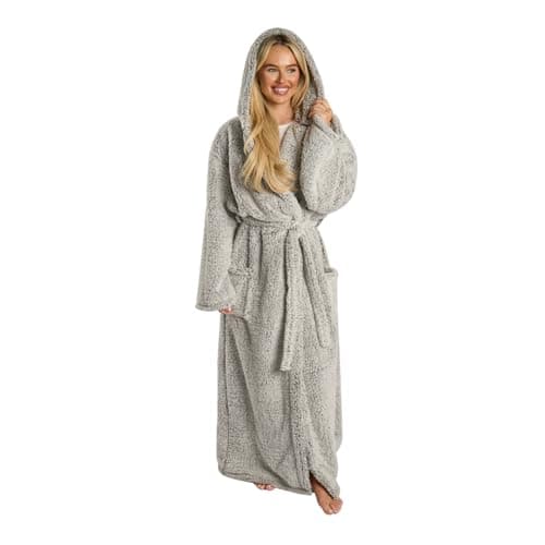 Image of OHS Dressing Gown Teddy Marl, Super Soft Warm Hooded Full Length Ladies Dressing Gowns with Pockets Oversized Bathrobe Women Adult Loungewear & Sleepwear, Charcoal Grey - One Size
