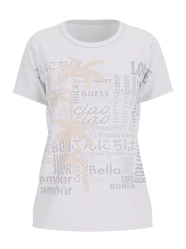 Image of Guess Women's Short Sleeve Eco Glitter Degrade Logo Tee, Low Key Pink, L