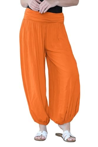 Image of Hamishkane® Women's Italian Baggy Harem Alibaba Pants Trousers Comfortable & Stylish Loose Fit Harem Trousers for Women UK | Perfect Summer Trousers for Women UK Orange