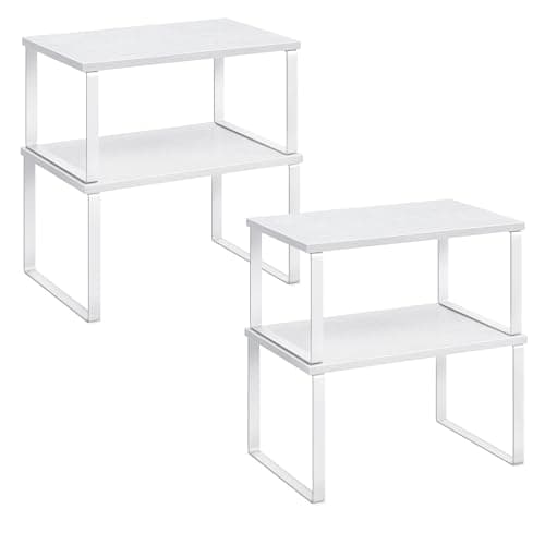 Image of SONGMICS Kitchen Cupboard Organisers, Set of 4 Counter Storage Shelves, Stackable, Expandable Spice Racks, Metal and Engineered Wood, Cloud White and Snow White KCS027W01