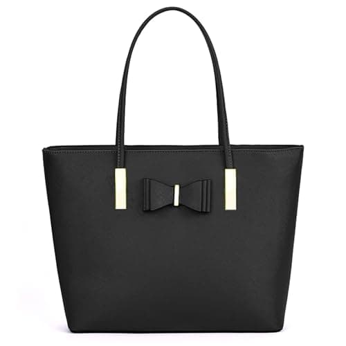 Image of kukubird Women's Top-Handle Black Large Tote Bag Handbag Simple Shoulder Bag with Zipper for School Work Leisure-Black