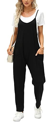 Image of Ebifin Women's Dungarees Sleeveless Summer Long Overalls V Neck Jumpsuit Loose Playsuits with Pockets, black, M
