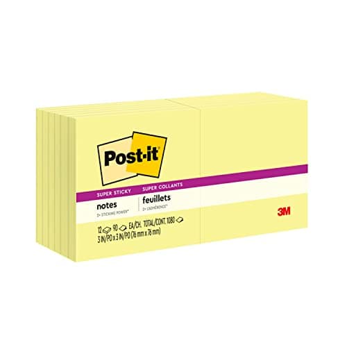 Image of Post-it Super Sticky Notes, 1080 Sheets, Value Pack of 12 Pads, 76 mm x 76 mm - Holds Strong to Many Surfaces - Canary Yellow - for Walls, Monitors and Fridge, Recycable