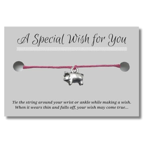 Image of Piglet Charm Pink Wish Bracelet - Hemp with Silver Tone Pig Charm on Printed Card - 12 inches Adjustable - Unisex - Friendship Bracelet