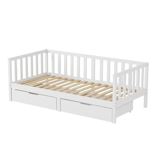 Image of FUSIDE Children’s Bed Single Bed Frame with Guardrails and 2 Storage Drawers,Solid Pine Wood White Toddler Bed for Boys Girls,90cm x 190cm