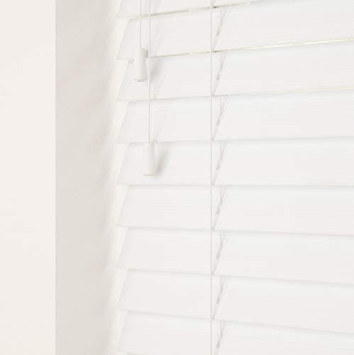 Image of Ultra White 50mm Faux Wood Venetian Blinds Fine Grained With Strings 120cm Drop 120cm Wide
