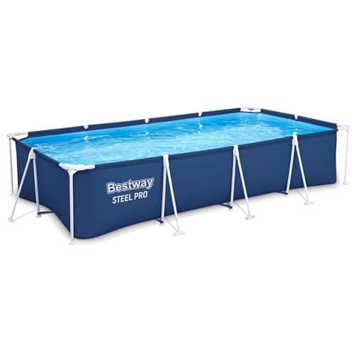 Image of Bestway Steel Pro 13 Foot x 32 Inch Rectangular Above Ground Outdoor Pool Steel Framed Vinyl Swimming Pool with 1,506 Gallon Water Capacity, Blue