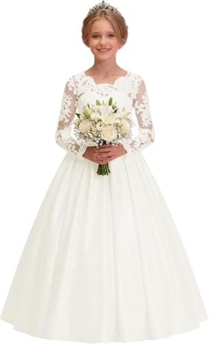 Image of LECOYOYO Satin Flower Girl Dresses for Wedding with Bowknot Long Lace Sleeves Formal Dress for Girls Pageant Dresses, ivory, 13 Years