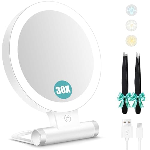 Image of B Beauty Planet Magnifying Mirror with Light 30X, Double-Sided 1X/ 30X Magnifying Makeup Mirror with Tweezer, 2000mAh 3 Colour Modes with Adjustable Brightness, Foldable Compact Travel mirror