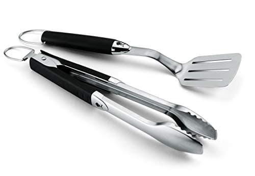 Image of Weber Premium Grill Tool Set - Compact, 2-piece Made of Stainless Steel, consisting of Grill Tongs (38cm) and Turner (35cm), with Practical Handles, Dishwasher Safe - Silver (6645)