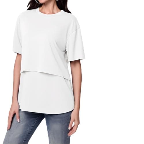 Image of Hybursky Maternity Tops Short Sleeve Nursing T-shirt Lift-up Breastfeeding T Shirts Plain Round Neck Basic Nursing Top Loose Fit Pregnancy Clothes, White/M