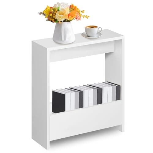 Image of Narrow Side Table, Bedside Table with Open Storage Shelf, Magazine Rack, White Corner Slim End Side Table, Space Saving Sofa Lamp Tables Nightstand for Living Room Small Spaces, Office, Bedroom, Home