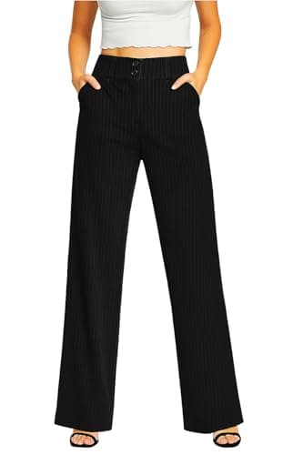 Image of femiss Women's Wide Leg Trousers Tailored Office Work Smart Formal Relaxed Fit Trouser for Women (10, Black Stripe)…