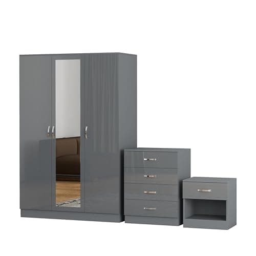 Image of Nera Gloss Grey 3 Piece Bedroom Furniture Set 3 Door Mirrored Wardrobe 4 Drawer Chest & Bedside Table